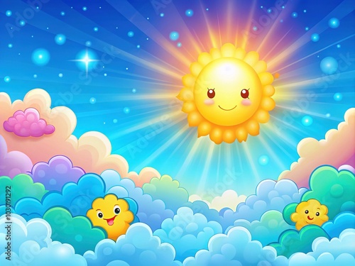 Vibrant Cartoon Style Sky Background with Whimsical Clouds and Sun, Perfect for Creative Projects and Illustrations