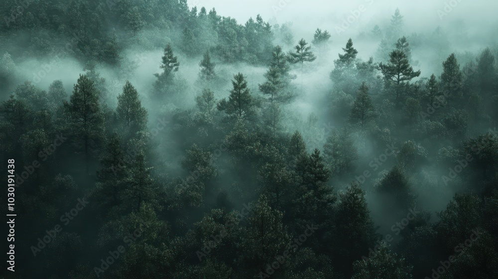 Fototapeta premium Fog rolling over a dense forest in the early morning