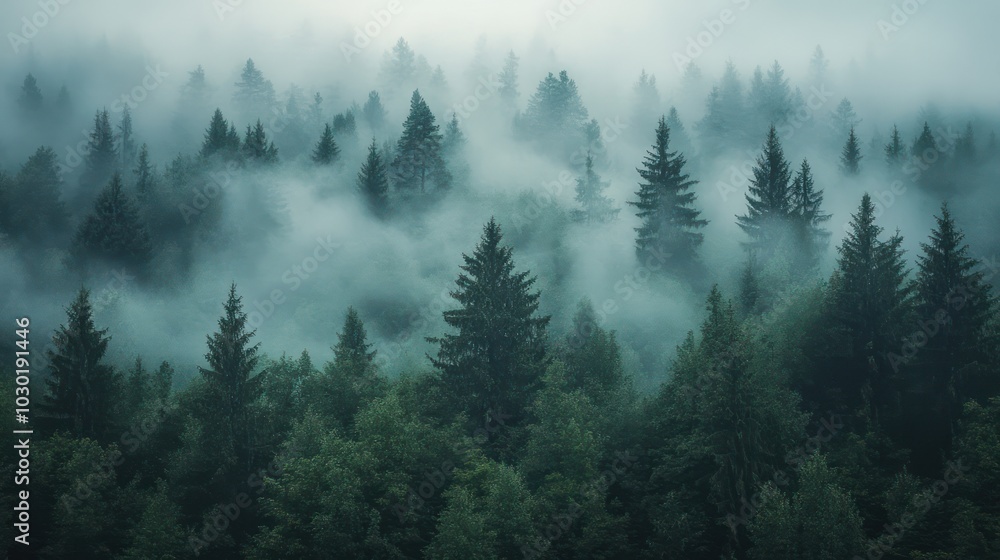 Fog rolling over a dense forest in the early morning Fog rolling over a dense forest in the early morning