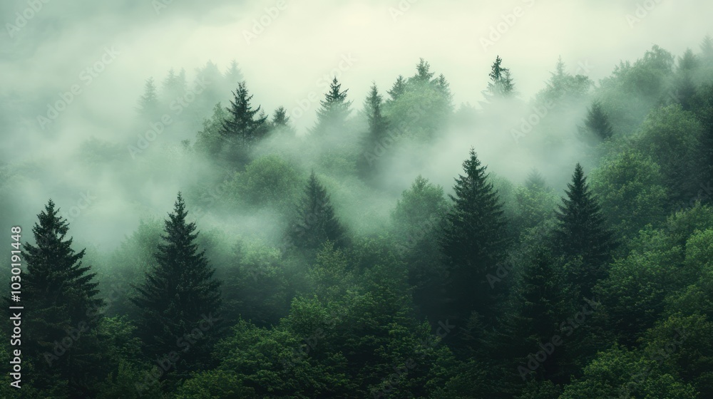 Fog rolling over a dense forest in the early morning Fog rolling over a dense forest in the early morning