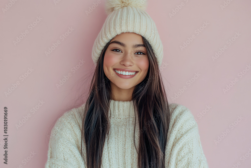 Smiling Woman in Cozy Knit Sweater and Beanie Against Soft Pink Background Smiling Woman in Cozy Knit Sweater and Beanie Against Soft Pink Background