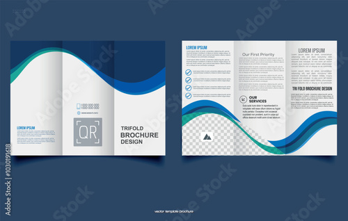 Trifold brochure with blue waves. Vector illustration. Trifold Print Ready Brochure Template.