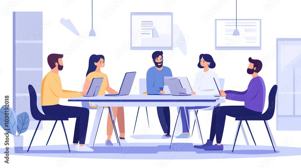 Group of coworkers working on a laptop in a contemporary office Group of coworkers working on a laptop in a contemporary office