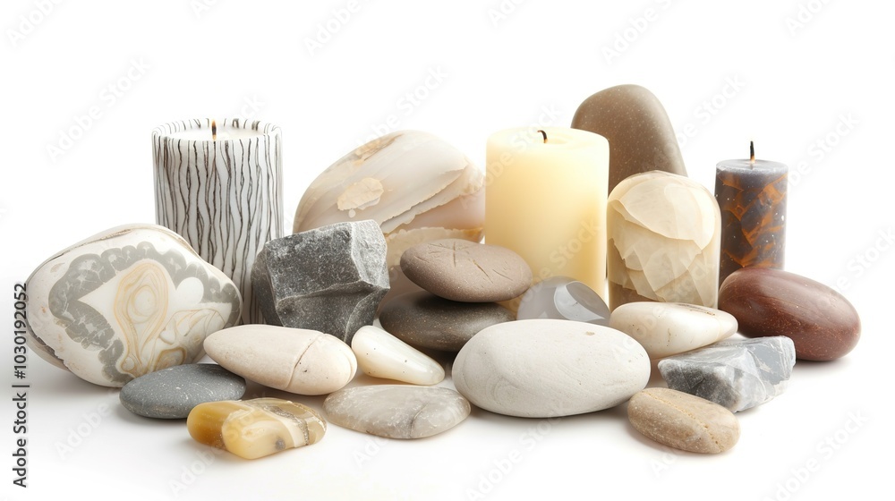 Stones and Candles - a serene and calming arrangement. The stones and candles on a white background create a tranquil and harmonious atmosphere. Stones and Candles - a serene and calming arrangement. The stones and candles on a white background create a tranquil and harmonious atmosphere.