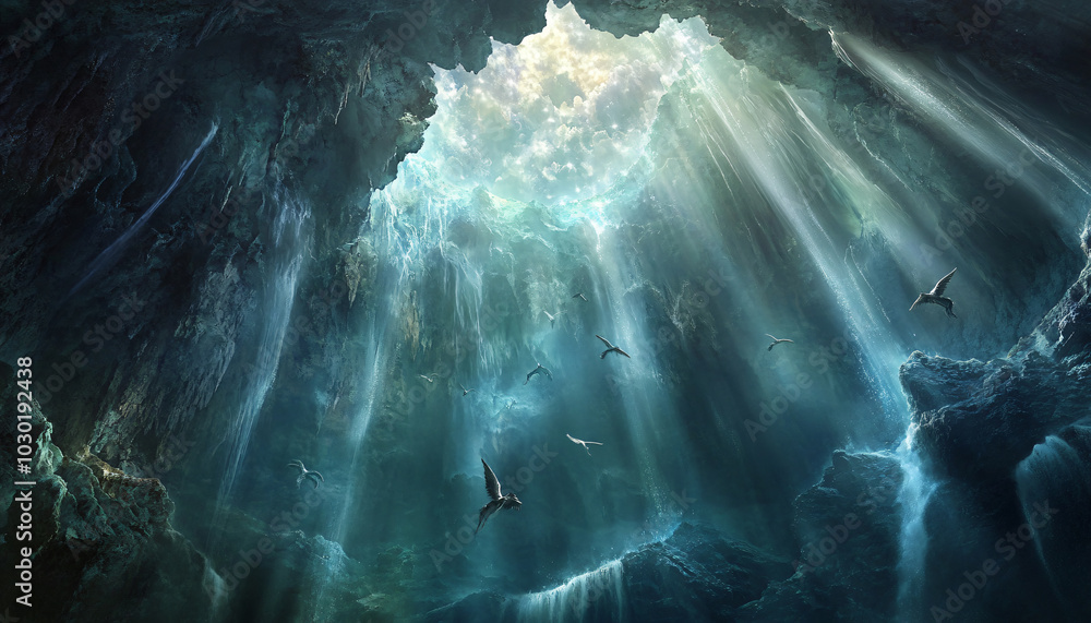 A massive cave suspended high in the atmosphere, filled with floating pools of crystal-clear water A massive cave suspended high in the atmosphere, filled with floating pools of crystal-clear water