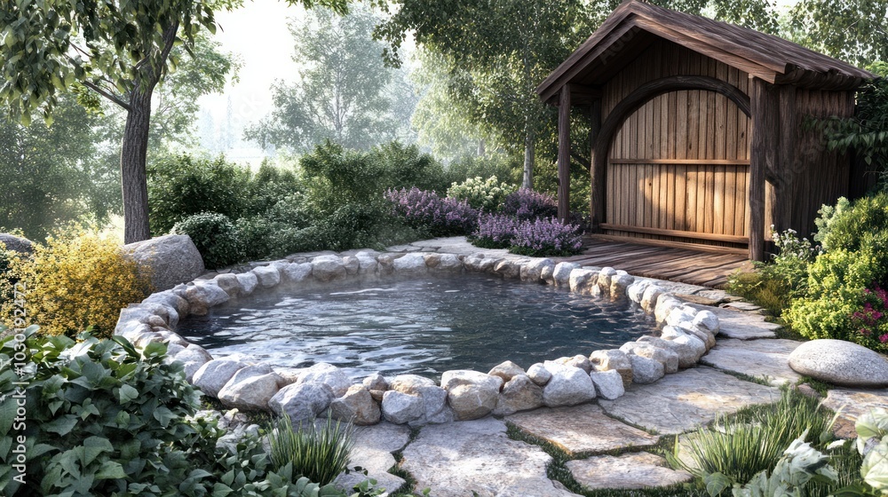 A rustic hot tub with a wooden changing room in a lush garden setting, perfect for relaxation and rejuvenation. A rustic hot tub with a wooden changing room in a lush garden setting, perfect for relaxation and rejuvenation.