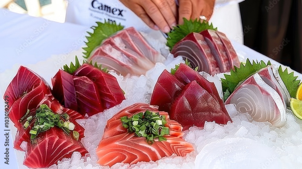 Assorted Sashimi Fish Slices on Ice with Garnish Assorted Sashimi Fish Slices on Ice with Garnish