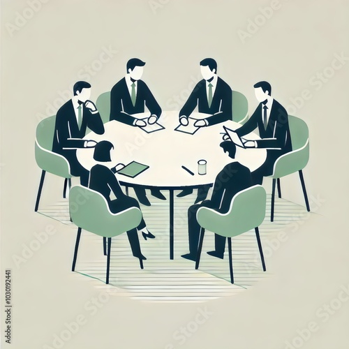 This image illustrates a formal business meeting with professionals seated around a round table, symbolizing teamwork, collaboration, and strategic decision-making