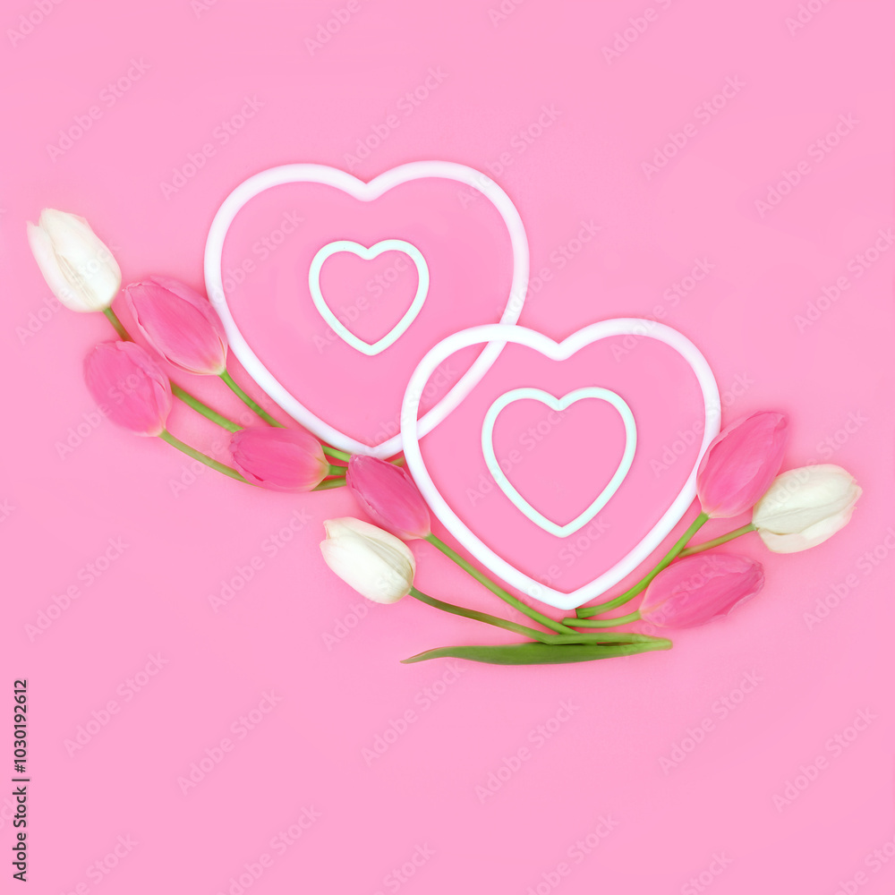 Spring tulip flower two double heart shaped frame romantic design on pink background. Springtime Easter nature Valentines day concept. Spring tulip flower two double heart shaped frame romantic design on pink background. Springtime Easter nature Valentines day concept.