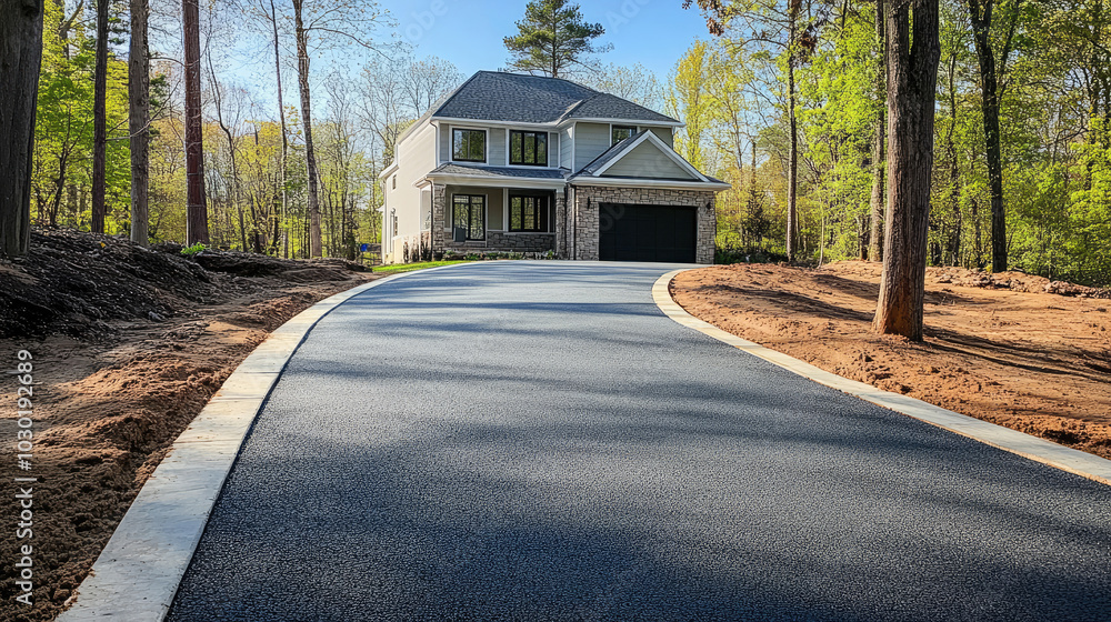 Naklejka premium Newly paved asphalt driveway leading to a beautiful home