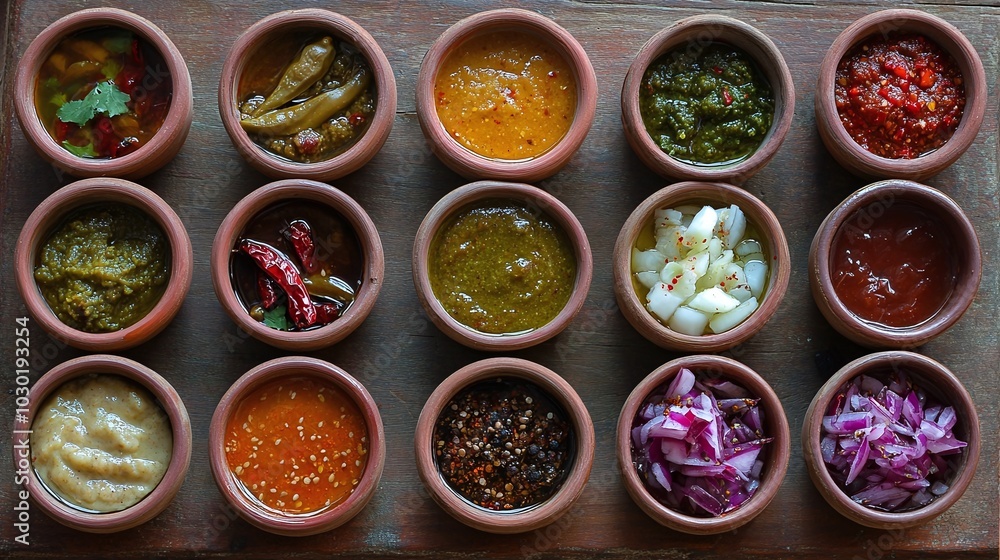 An array of Indian pickles and chutneys in small bowls, with spices like mustard seeds and red chili powder visible An array of Indian pickles and chutneys in small bowls, with spices like mustard seeds and red chili powder visible
