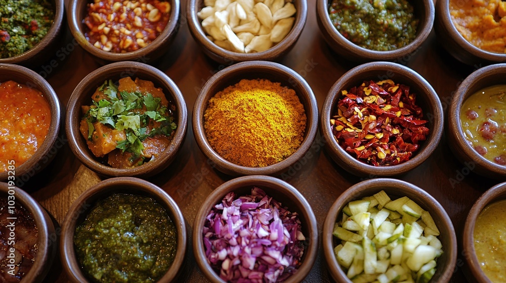 An array of Indian pickles and chutneys in small bowls, with spices like mustard seeds and red chili powder visible An array of Indian pickles and chutneys in small bowls, with spices like mustard seeds and red chili powder visible
