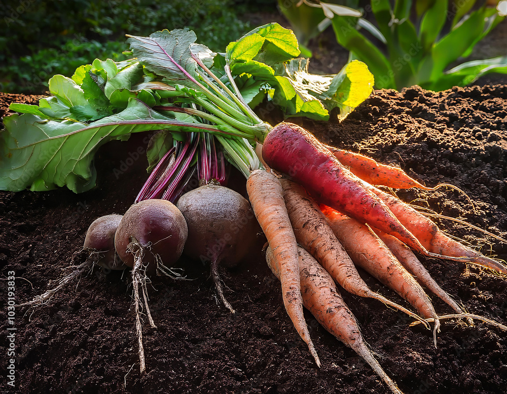 custom made wallpaper toronto digitalFreshly picked carrots and beets with soil in a garden, ready for harvest. Vibrant colors shine in the sunlight, showcasing their natural beauty. Bountiful produce symbolizes autumn's bounty