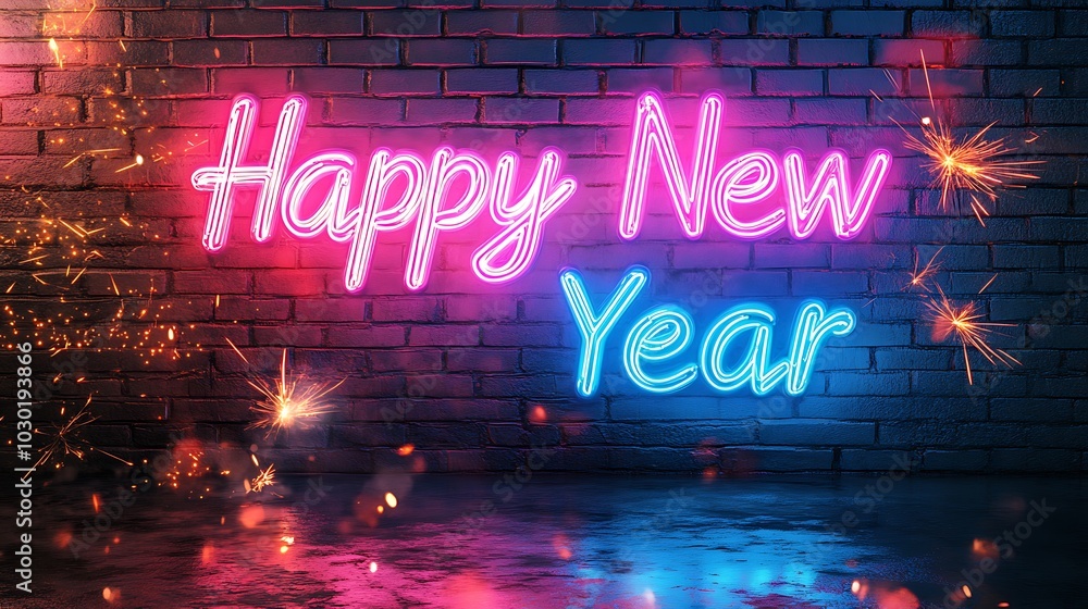 Happy New Year written in glowing neon light tubes, vibrant pink and blue colors, set against a dark brick wall, soft reflections of light on the surface, subtle light diffusion, Happy New Year written in glowing neon light tubes, vibrant pink and blue colors, set against a dark brick wall, soft reflections of light on the surface, subtle light diffusion,
