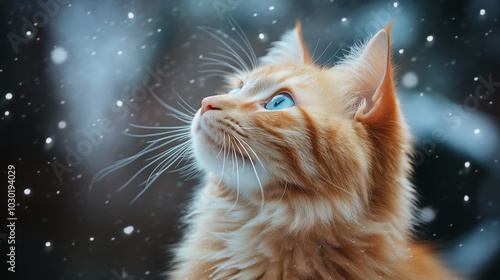 photorealistic portrait of an orange cat with white fur, with light blue eyes looking up at the sky, beautiful long hair, snow falling in background