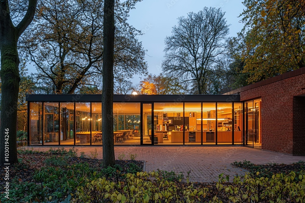 Modern house with a beautiful garden and large windows in the evening Modern house with a beautiful garden and large windows in the evening