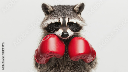 Raccoon wearing boxing gloves posing for portrait on white background photo