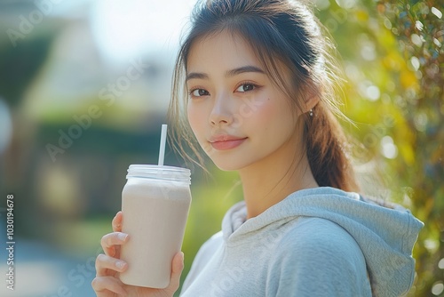 Asian Woman Enjoying a Healthy Meal Replacement Shake for Weight Loss