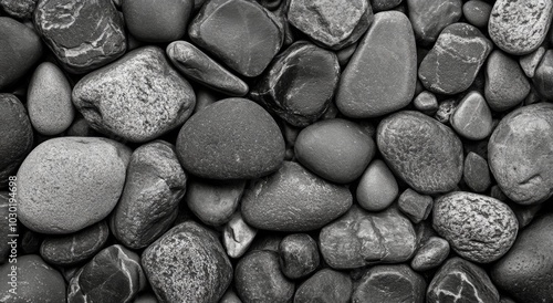 A collection of smooth black stones arranged on a flat surface with varied sh...