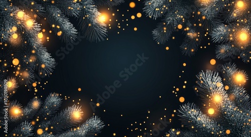 A stunning winter scene with snow-covered pines and glowing lights on a dark ...