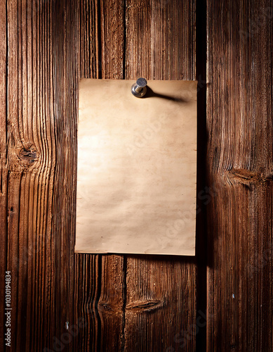 Wallpaper Mural Blank paper note hangs on a wooden wall with a thumbtack, creating a rustic look. Perfect for announcements, reminders, or messages. Ready for creative use Torontodigital.ca