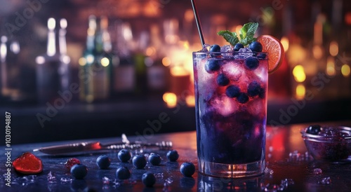 Vibrant cocktail with blueberries and mint served in a tall glass at a lively...