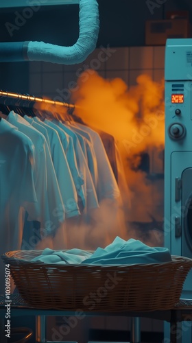 Freshly steamed clothes in a basket next to a modern washing machine in a warmly lit laundry room. photo