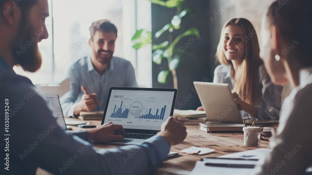 Fototapeta premium Marketing team discussing campaign performance on digital devices in a modern office