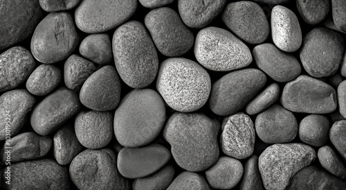 A collection of smooth black stones arranged on a flat surface with varied sh...