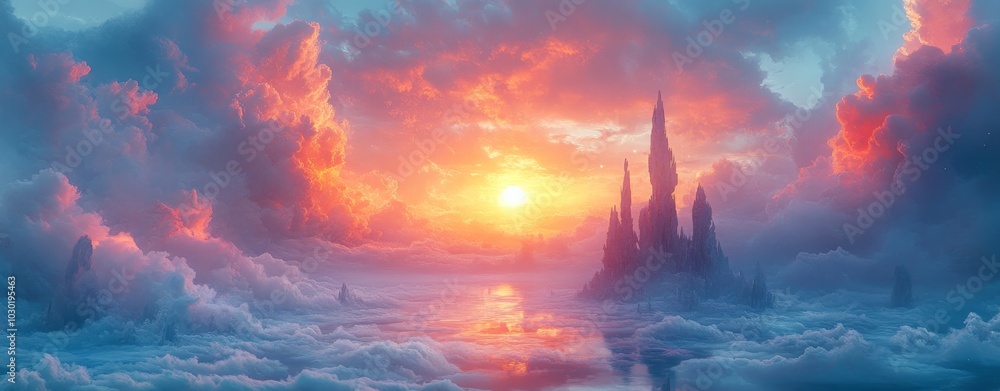 Naklejka premium With dreamlike clouds and twisted tree formations, this surreal fantasy landscape has an ethereal and mystical atmosphere.