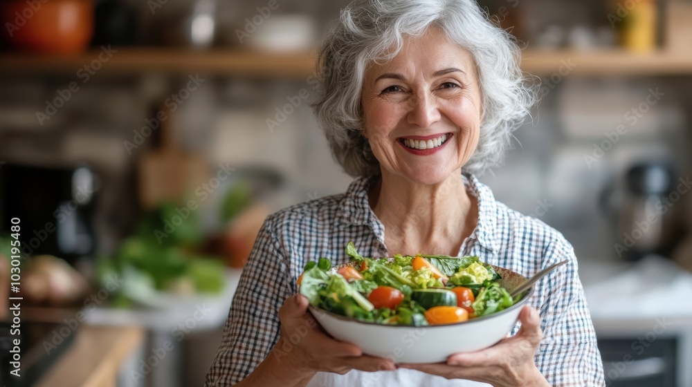 A joyful senior woman smiles while holding a bowl of fresh vegetables in a warm kitchen setting, reflecting a healthy and vibrant lifestyle. A joyful senior woman smiles while holding a bowl of fresh vegetables in a warm kitchen setting, reflecting a healthy and vibrant lifestyle.