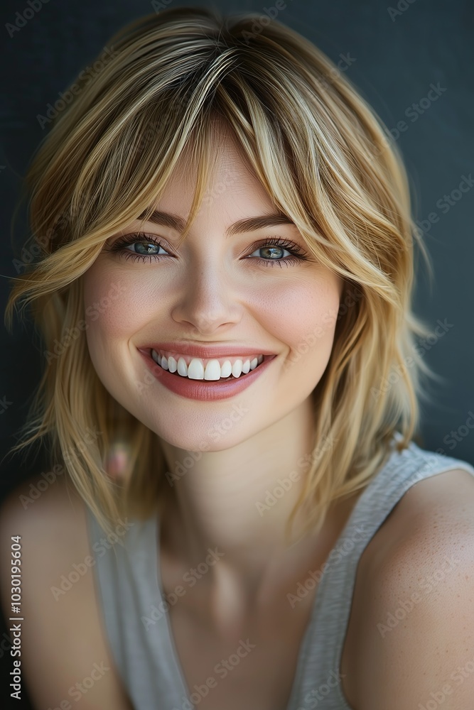 Close-up portrait of a cheerful woman with blonde hair, showcasing natural beauty and a radiant smile.