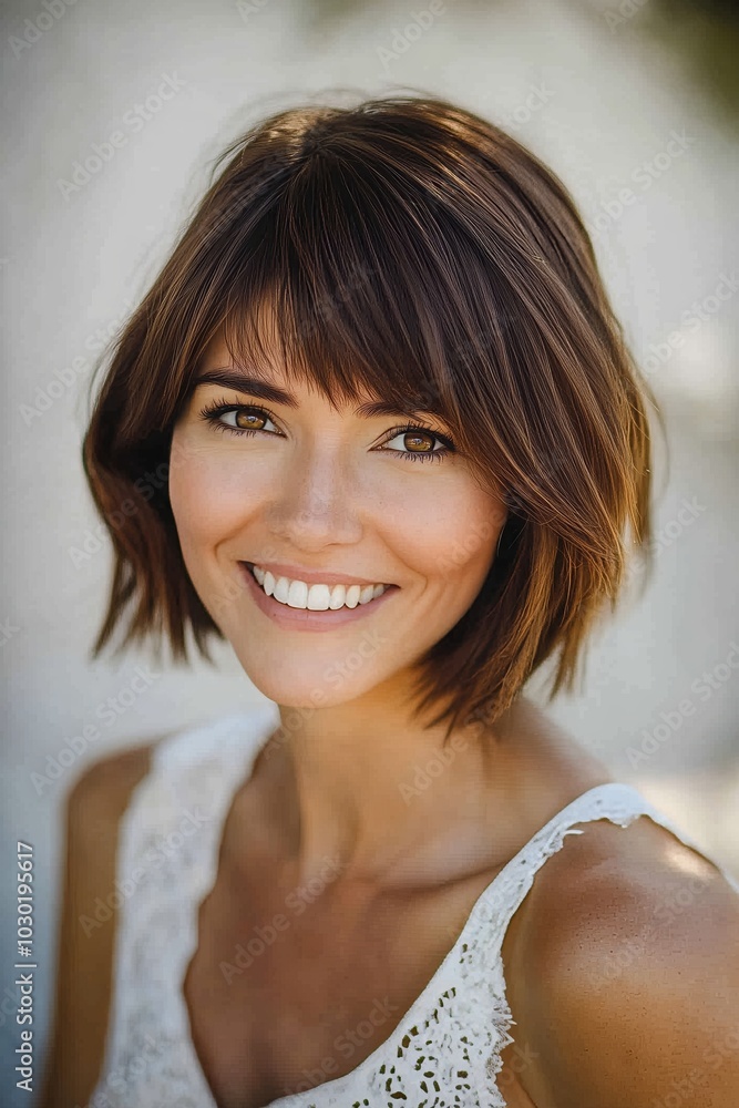 Portrait of a smiling woman with short brown hair in a sunlit outdoor environment, wearing a white lace top. Portrait of a smiling woman with short brown hair in a sunlit outdoor environment, wearing a white lace top.