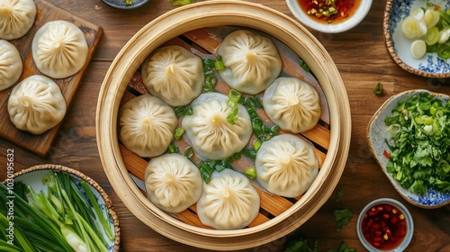 Delicious assortment of steamed dumplings served with fresh vegetables and sauces on a wooden table