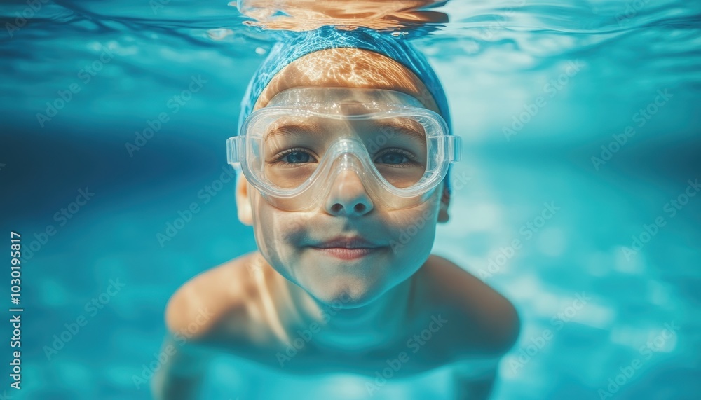 Naklejka premium A bright and cheerful underwater portrait of a child wearing goggles during a swimming lesson, showcasing joy and the beauty of aquatic activities.
