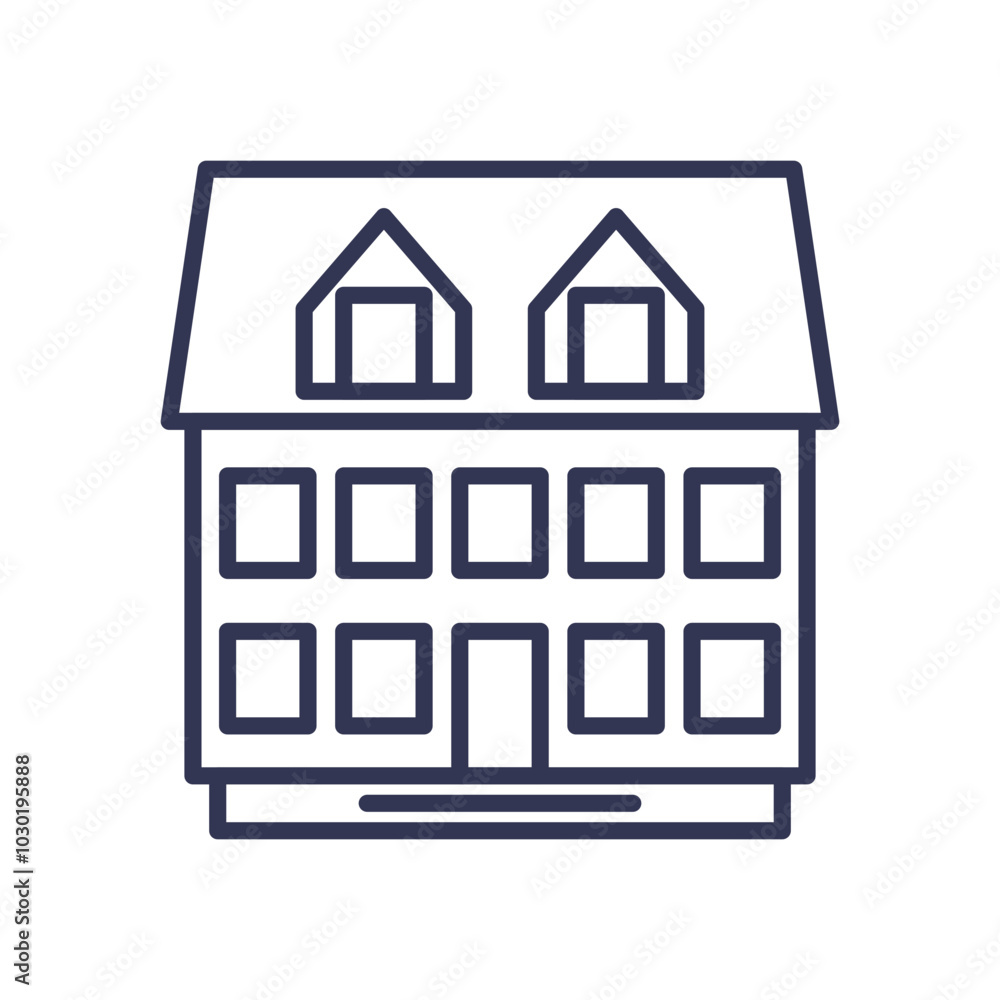Outline of a small multifamily building with multiple windows and a central door. Outline of a small multifamily building with multiple windows and a central door.