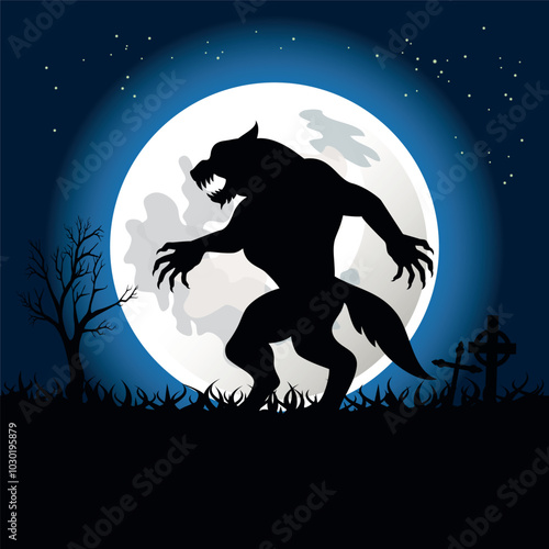Blue Halloween background with scary werewolf in a cemetery vector illustration. Creepy werewolf, shining full moon and graveyard vector. Night spooky landscape. Template for card, banner