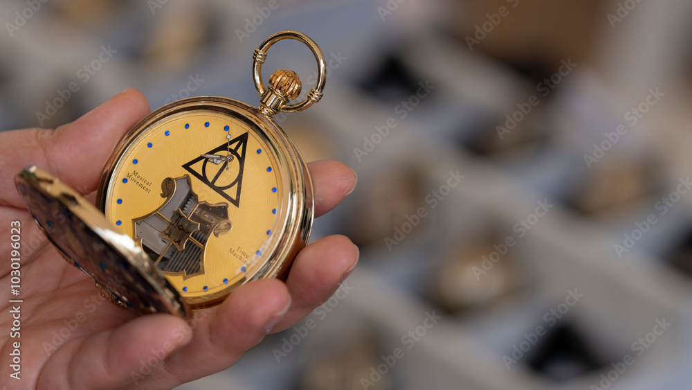 Fototapeta premium Budokan Geek Convention In GUAYAQUIL, ECUADOR - OCT 13, 2024 - Close-up of a hand holding a golden pocket watch with a Harry Potter-inspired design featuring the Deathly Hallows symbol.