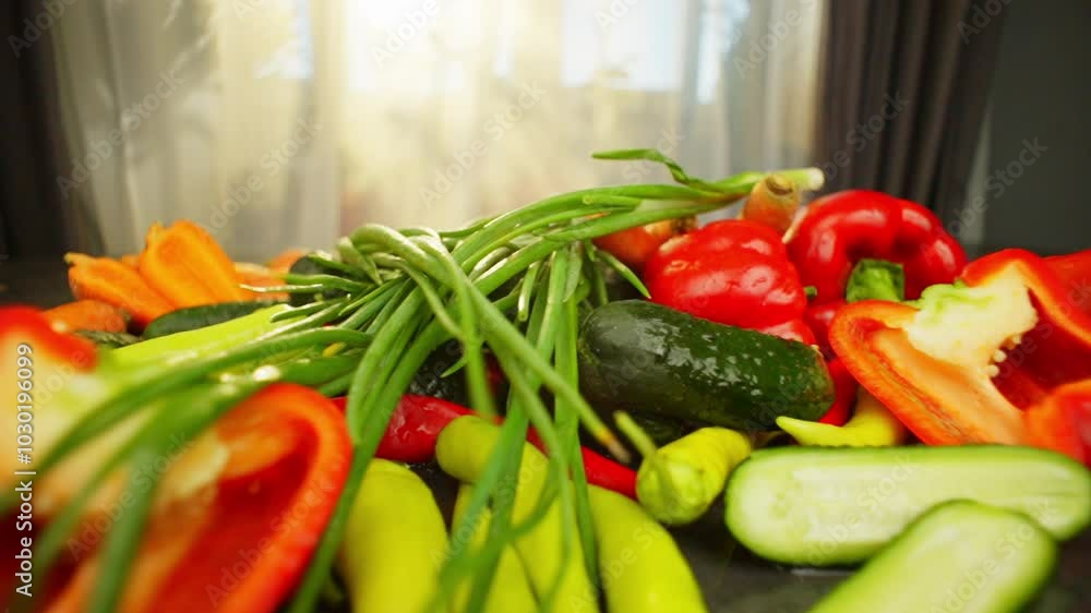 Background video of green onions falling on vegetables lying on the table. Fresh vegetables for cooking and salads. High quality FullHD footage Background video of green onions falling on vegetables lying on the table. Fresh vegetables for cooking and salads. High quality FullHD footage
