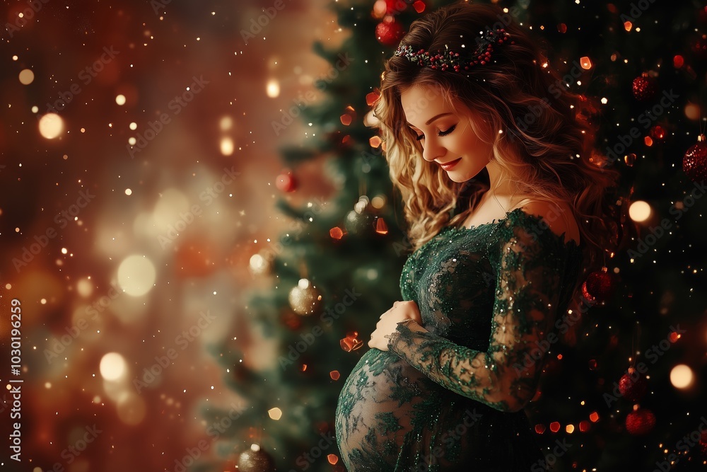 A joyful pregnant woman in festive attire stands near a decorated Christmas tree, embracing holiday warmth and anticipation. A joyful pregnant woman in festive attire stands near a decorated Christmas tree, embracing holiday warmth and anticipation.