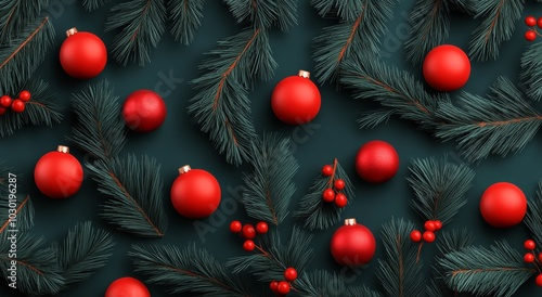 Festive arrangement of red ornaments and evergreen branches on a green backgr...