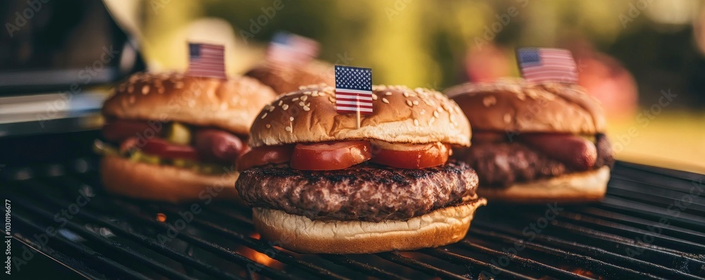 hamburgers adorned with little American flags. hamburgers adorned with little American flags.