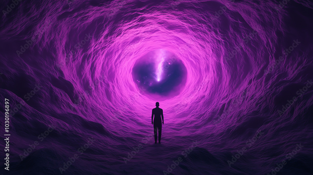 A surreal, ethereal scene featuring a figure standing in a mesmerizing purple spiral tunnel, evoking feelings of introspection and exploration. A surreal, ethereal scene featuring a figure standing in a mesmerizing purple spiral tunnel, evoking feelings of introspection and exploration.