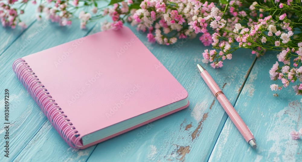 Fototapeta premium A pink notebook and pen surrounded by blooming flowers on a wooden table in springtime