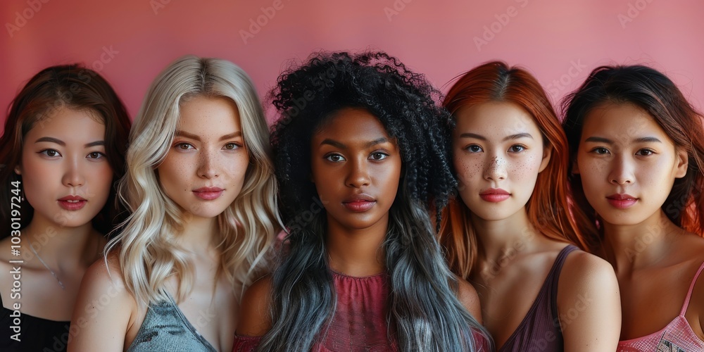 Fototapeta premium Diverse group of women posing together in soft pink hues during a bright daylight shoot