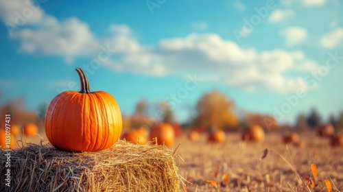A vibrant orange pumpkin rests atop a hay bale, surrounded by a soft-focus field of pumpkins, capturing the essence of autumn and harvest season.