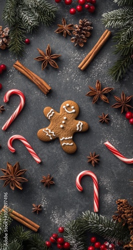 Festive assortment of decorated gingerbread cookies and holiday decorations o...