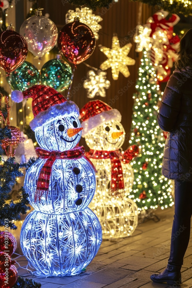 Fototapeta premium Christmas lights and inflatables decorate a lawn for a festive holiday display