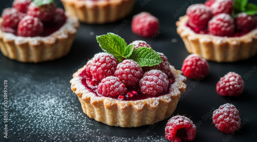 Delicious raspberry tarts with mint on a black surface, perfect for dessert lovers Delicious raspberry tarts with mint on a black surface, perfect for dessert lovers