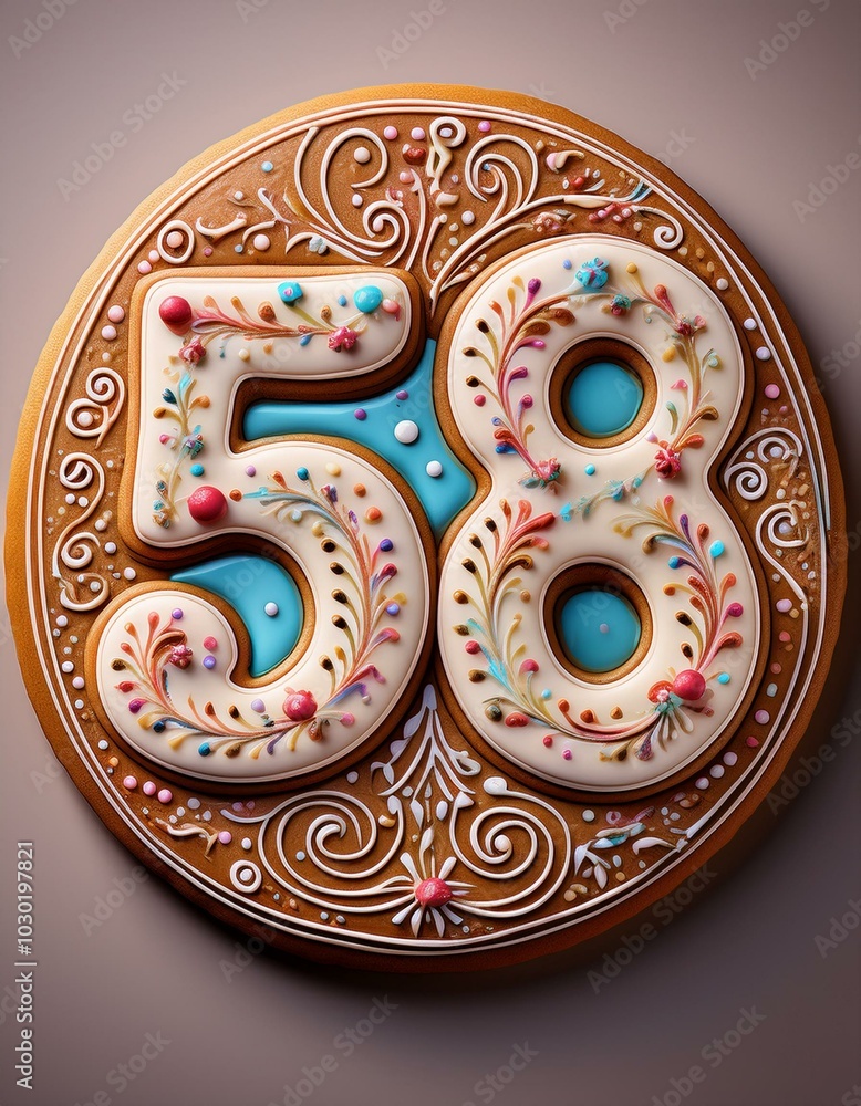Decorated cookie, number 58, illustration for birthday or anniversary celebration Decorated cookie, number 58, illustration for birthday or anniversary celebration